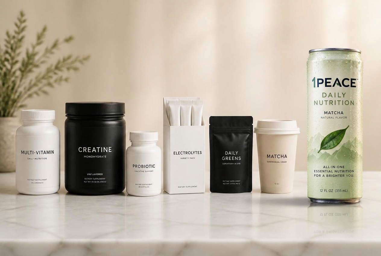 A lineup of everyday supplements — multivitamin, creatine, probiotic, electrolytes and matcha — ending in one 1PEACE can