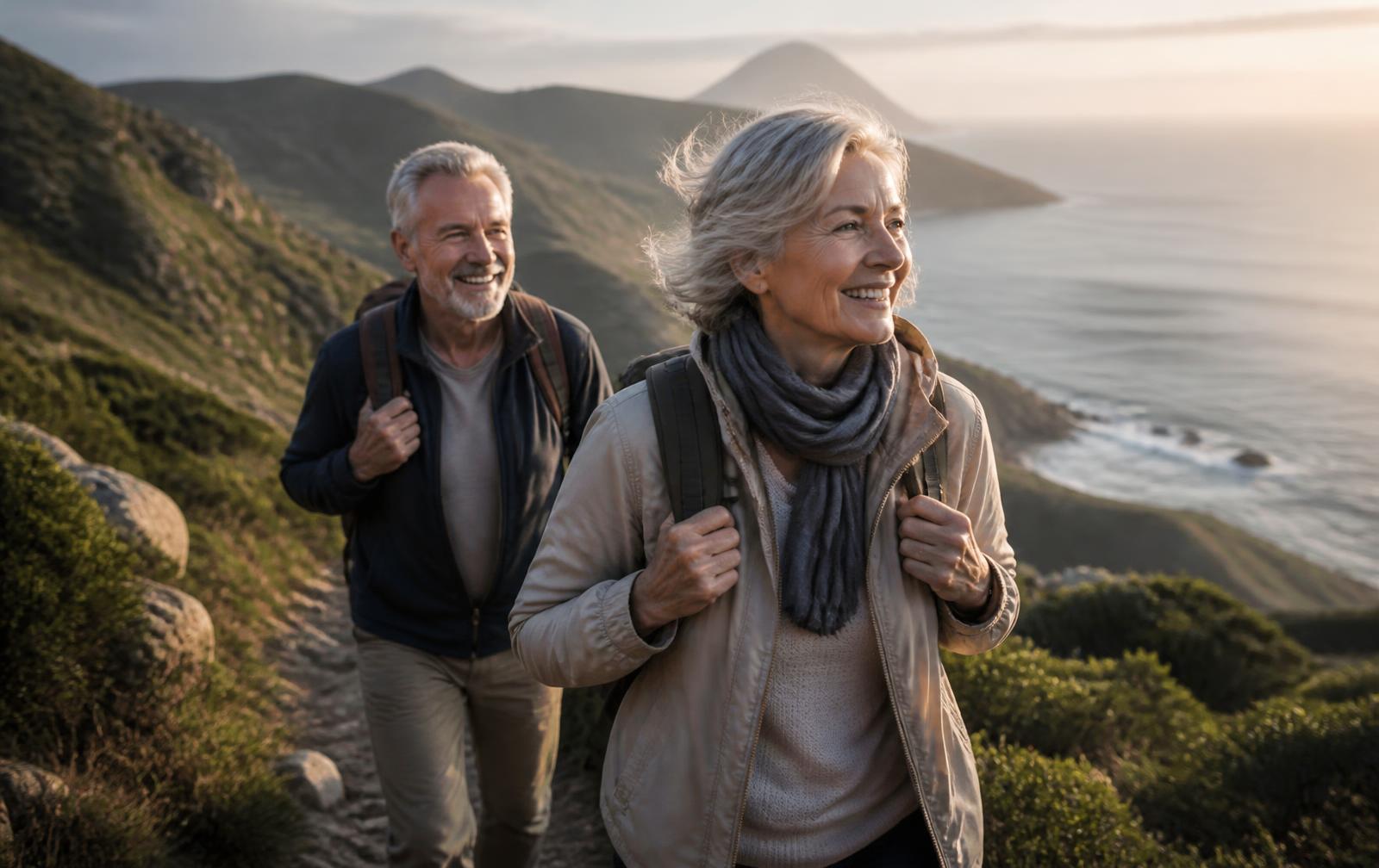 An active older couple hiking a green coastal trail at golden hour