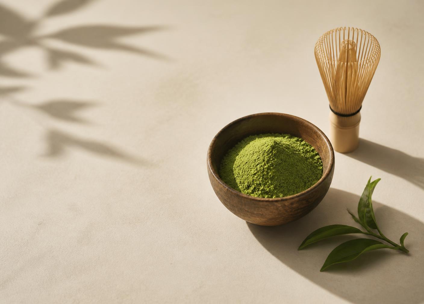 Matcha powder in a wooden bowl with a bamboo whisk and fresh tea leaves