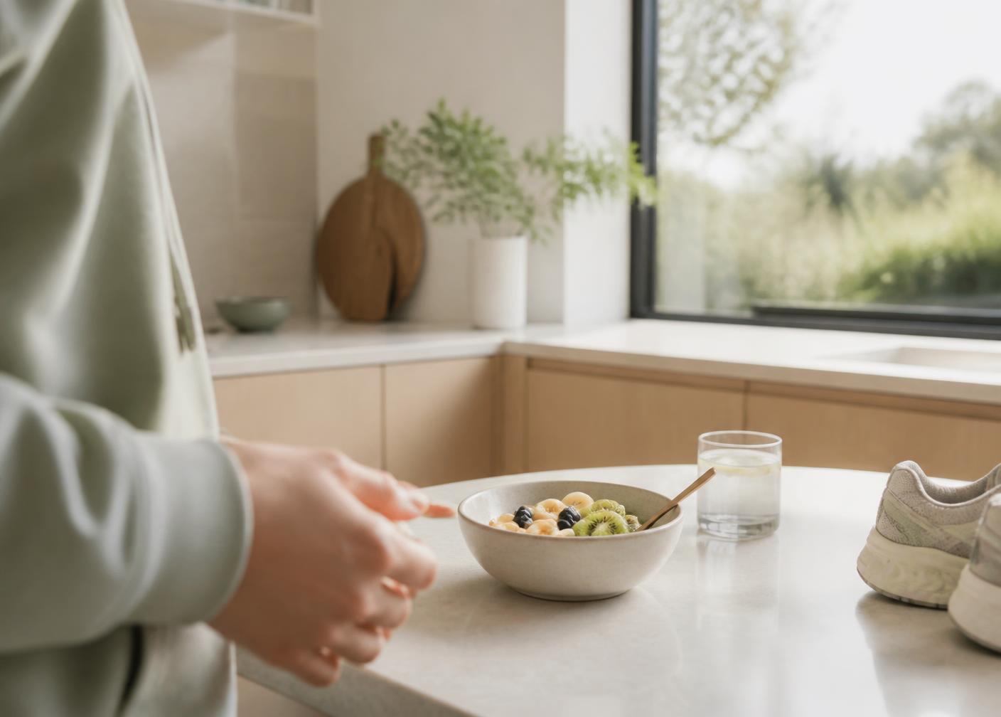 A simple morning kitchen counter with breakfast and running shoes